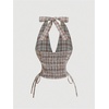 image:imageMAKEMECHIC Womens Plaid Halter Crop Tops Tie Backless Ruched Drawstring Smocked Summer TopCoffee Brown