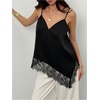 image:imageMakeMeChic Womens Asymmetrical Silk Satin Camisole Lace Trim V Neck Sleeveless Camisole Blouses Summer Basic Tank ShirtBlack