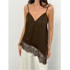 image:imageMakeMeChic Womens Asymmetrical Silk Satin Camisole Lace Trim V Neck Sleeveless Camisole Blouses Summer Basic Tank ShirtCoffee Brown