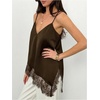 image:imageMakeMeChic Womens Asymmetrical Silk Satin Camisole Lace Trim V Neck Sleeveless Camisole Blouses Summer Basic Tank ShirtCoffee Brown