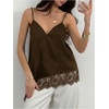 image:imageMakeMeChic Womens Asymmetrical Silk Satin Camisole Lace Trim V Neck Sleeveless Camisole Blouses Summer Basic Tank ShirtCoffee Brown