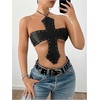 image:imageMakeMeChic Womens Black Leather Top Tie Backless Cross Halter Grommet Y2K Concert Going Out Tops Bar OutfitsBlack