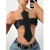 image:imageMakeMeChic Womens Black Leather Top Tie Backless Cross Halter Grommet Y2K Concert Going Out Tops Bar OutfitsBlack
