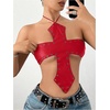 image:imageMakeMeChic Womens Black Leather Top Tie Backless Cross Halter Grommet Y2K Concert Going Out Tops Bar OutfitsRed
