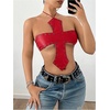 image:imageMakeMeChic Womens Black Leather Top Tie Backless Cross Halter Grommet Y2K Concert Going Out Tops Bar OutfitsRed