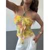image:imageMakeMeChic Womens Cute Summer Floral Halter Tank Tops Tie Backless Sleeveless Ruched TopPale Yellow