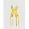 image:imageMakeMeChic Womens Floral Halter Top Tie Front Y2K Backless Ruffle Trim Fringe CamisoleDark Yellow