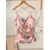 image:imageMakeMeChic Womens Floral Satin Wrap Camisole V Neck Ruched Spaghetti Strap Dressy Elegant TopsPink
