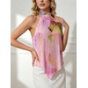 image:imageMakeMeChic Womens Halter Top Graphic Pleated Sleeveless Open Back Summer Y2K Tank TopsMulticolor