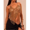 image:imageMakeMeChic Womens Metal Chain Strap Halter Crop Top Asymmetrical Open Back Party Night Out TopsGold