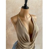 image:imageMakeMeChic Womens Open Back Halter Top Draped Cowl Neck Fringe Summer Boho Vacation TopsKhaki