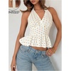 image:imageMakeMeChic Womens Polka Dots Halter Tops Summer V Neck Tie Back Wrap Shirt Sleeveless Crop TopsBeige