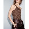 image:imageMakeMeChic Womens Polka Dots Off The Shoulder Top Chiffon Metal Decor Going Out TopsCoffee Brown