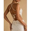 image:imageMakeMeChic Womens Sequin Beaded Fringe Halter Tops Criss Cross Backless Sparkly Party Crop TopsWhite
