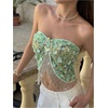 image:imageMakeMeChic Womens Sequin Sparkly Halter Crop Tops Fringe Open Back Split Summer Party TopGreen B