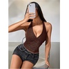 image:imageMakeMeChic Womens Sparkly Halter Tops Y2k Backless Deep V Neck Rave Crop TopsBrown
