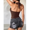 image:imageMakeMeChic Womens Sparkly Halter Tops Y2k Backless Deep V Neck Rave Crop TopsBrown