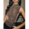 image:imageMakeMeChic Womens Sparkly Sequin Tops Mock Neck Asymmetrical Sleeveless Party Club Tops Rave Top Concert Outfits ClubwearBrown