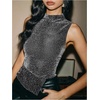 image:imageMakeMeChic Womens Sparkly Sequin Tops Mock Neck Asymmetrical Sleeveless Party Club Tops Rave Top Concert Outfits ClubwearSilver
