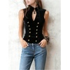 image:imageMakeMeChic Womens Velvet Mock Neck Vest Top Double Breasted Botton Sleeveless Vintage Tank TopsBlack