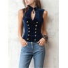 image:imageMakeMeChic Womens Velvet Mock Neck Vest Top Double Breasted Botton Sleeveless Vintage Tank TopsDark Blue