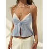 image:imageWomens Striped V Neck Embroidery Halter Crop Tops Tie Front Ruffle TankBlue