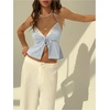 image:imageWomens Striped V Neck Embroidery Halter Crop Tops Tie Front Ruffle TankBlue