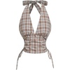 image:imageMAKEMECHIC Womens Plaid Halter Crop Tops Tie Backless Ruched Drawstring Smocked Summer TopCoffee Brown