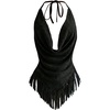 image:imageMakeMeChic Womens Open Back Halter Top Draped Cowl Neck Fringe Summer Boho Vacation TopsBlack