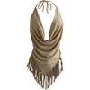 image:imageMakeMeChic Womens Open Back Halter Top Draped Cowl Neck Fringe Summer Boho Vacation TopsKhaki