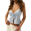 image:imageWomens Striped V Neck Embroidery Halter Crop Tops Tie Front Ruffle TankBlue