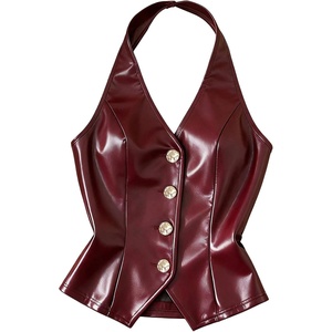 image:imageMAKEMECHIC Womens PU Leather Halter Crop Tops Backless Button Down Vest WaistcoatBurgundy