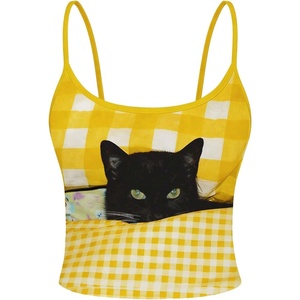image:imageMAKEMECHIC Womens Plaid Cat Print Camisole Crop Tops Spaghetti Strap Sleeveless Cute Top Y2KYellow