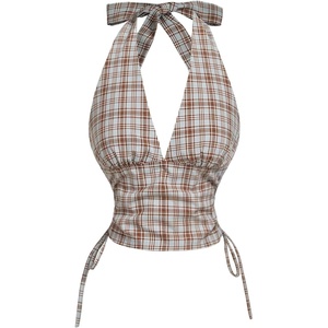 image:imageMAKEMECHIC Womens Plaid Halter Crop Tops Tie Backless Ruched Drawstring Smocked Summer TopCoffee Brown