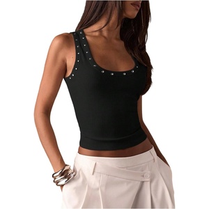image:imageMAKEMECHIC Womens Summer Punk Y2K Tank Top Rivet Studded Wide Strap Sleeveless Crop TopsBlack
