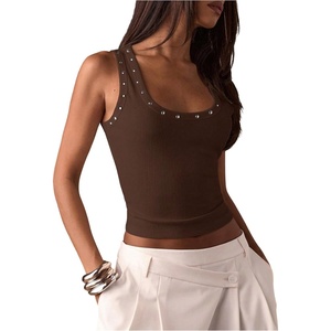 image:imageMAKEMECHIC Womens Summer Punk Y2K Tank Top Rivet Studded Wide Strap Sleeveless Crop TopsCoffee Brown