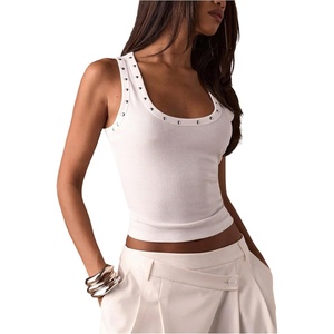 image:imageMAKEMECHIC Womens Summer Punk Y2K Tank Top Rivet Studded Wide Strap Sleeveless Crop TopsWhite