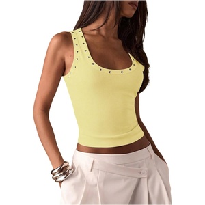 image:imageMAKEMECHIC Womens Summer Punk Y2K Tank Top Rivet Studded Wide Strap Sleeveless Crop TopsYellow
