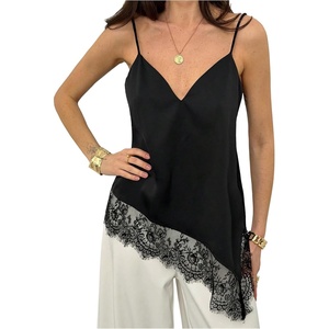 image:imageMakeMeChic Womens Asymmetrical Silk Satin Camisole Lace Trim V Neck Sleeveless Camisole Blouses Summer Basic Tank ShirtBlack