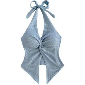 image:imageMakeMeChic Womens Backless Halter Tank Top Twist Sexy Cute Summer Going Out TopsLight Blue