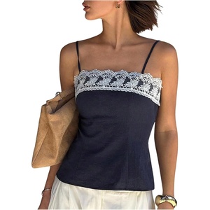 image:imageMakeMeChic Womens Boho Tops Y2K Floral Lace Spaghetti Strap Camisole Sleeveless Zip Back Tank TopBlue