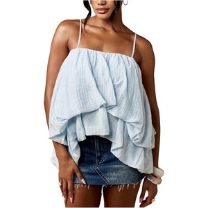 image:imageMakeMeChic Womens Bubble Hem Camisole Ruffle Layered Spaghetti Strap Cute TopsBlue