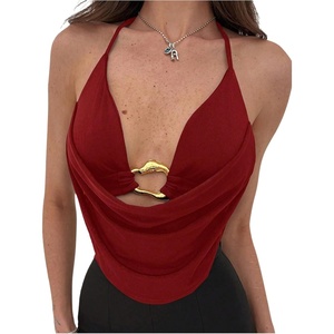 image:imageMakeMeChic Womens Cowl Neck Halter Rave Tops Y2k Backless Open Back Going Out TopsBurgundy Red