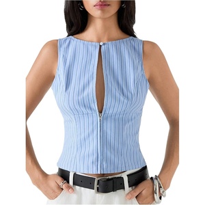 image:imageMakeMeChic Womens Cut Out Striped Tank Tops Crew Neck Zipper Sleeveless Dressy ShirtBlue
