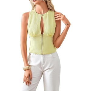 image:imageMakeMeChic Womens Cut Out Striped Tank Tops Crew Neck Zipper Sleeveless Dressy ShirtLight Yellow