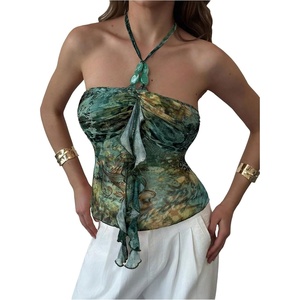 image:imageMakeMeChic Womens Cute Summer Floral Halter Tank Tops Tie Backless Sleeveless Ruched TopBlue