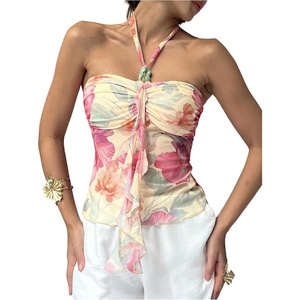 image:imageMakeMeChic Womens Cute Summer Floral Halter Tank Tops Tie Backless Sleeveless Ruched TopMulticolor
