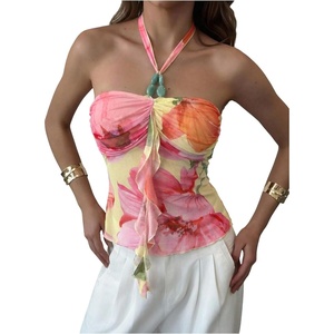 image:imageMakeMeChic Womens Cute Summer Floral Halter Tank Tops Tie Backless Sleeveless Ruched TopOrange