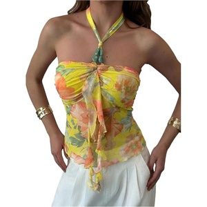 image:imageMakeMeChic Womens Cute Summer Floral Halter Tank Tops Tie Backless Sleeveless Ruched TopPale Yellow