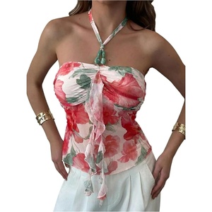 image:imageMakeMeChic Womens Cute Summer Floral Halter Tank Tops Tie Backless Sleeveless Ruched TopRed